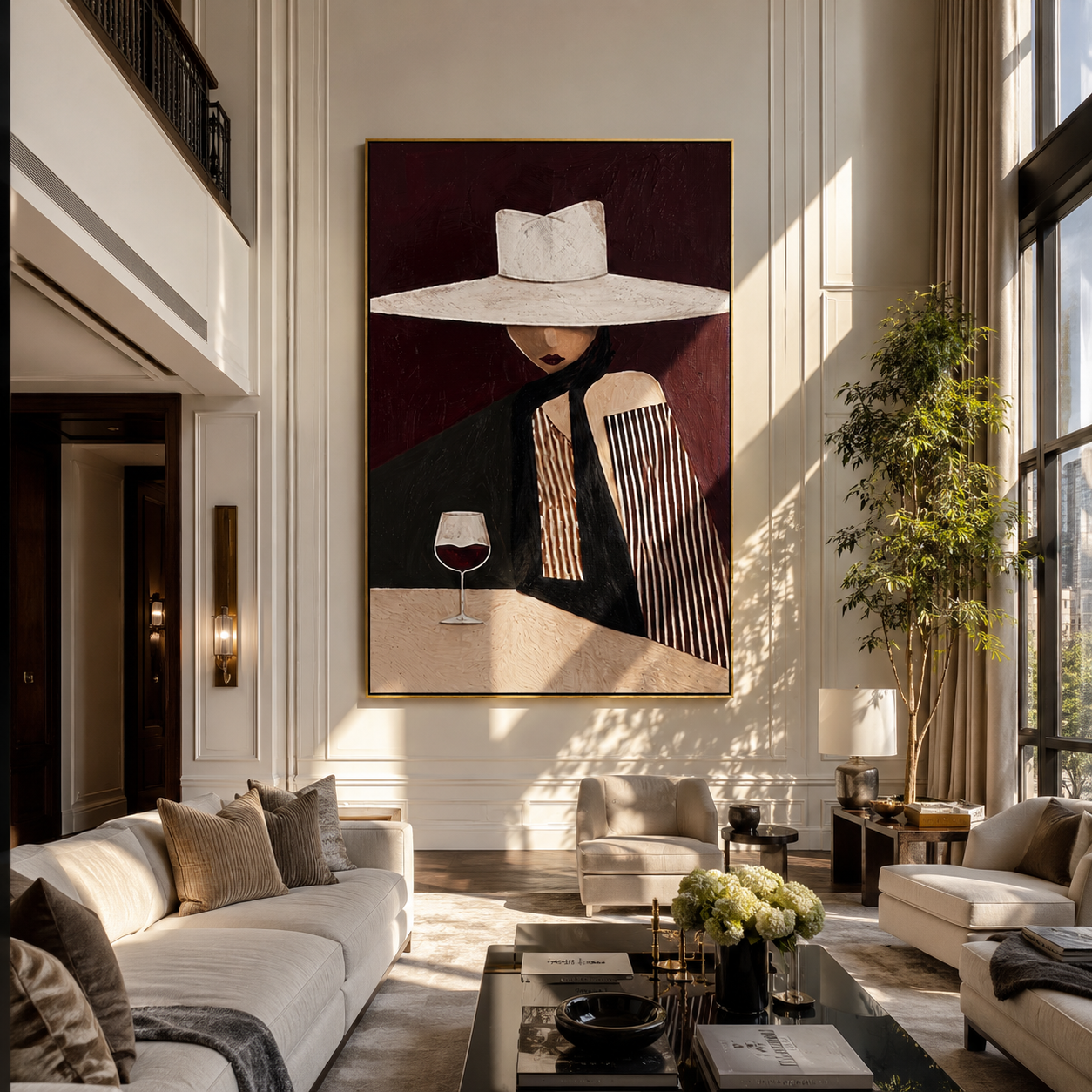 White Brim Keeps the Wine - Wide Hat Wine Figure painting by Adrian Lee, mid-century modern vertical wall art – styled room scene view 2