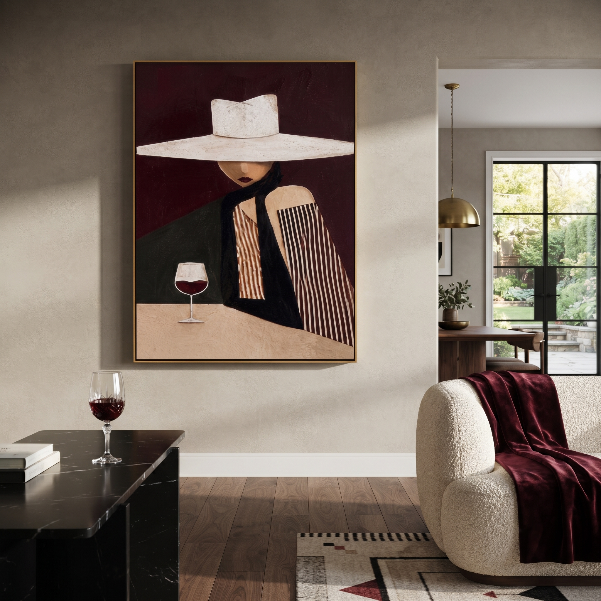White Brim Keeps the Wine - Wide Hat Wine Figure painting by Adrian Lee, mid-century modern vertical wall art – styled room scene view 3