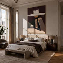 White Brim Keeps the Wine - Wide Hat Wine Figure painting by Adrian Lee, mid-century modern vertical wall art – styled room scene view 4