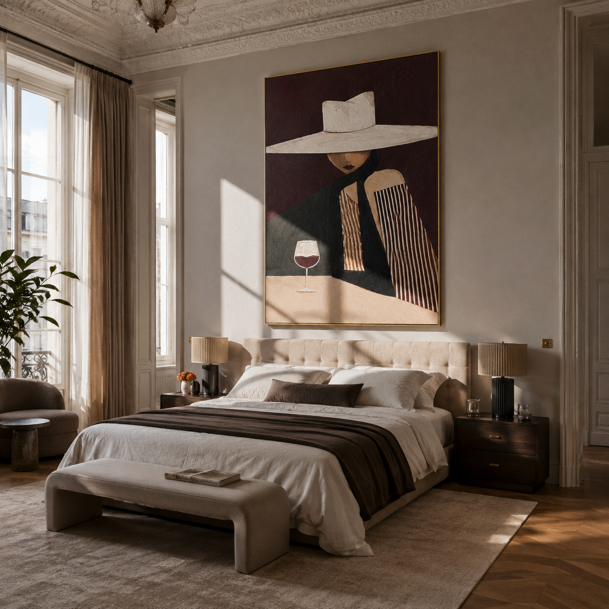 White Brim Keeps the Wine - Wide Hat Wine Figure painting by Adrian Lee, mid-century modern vertical wall art – styled room scene view 4