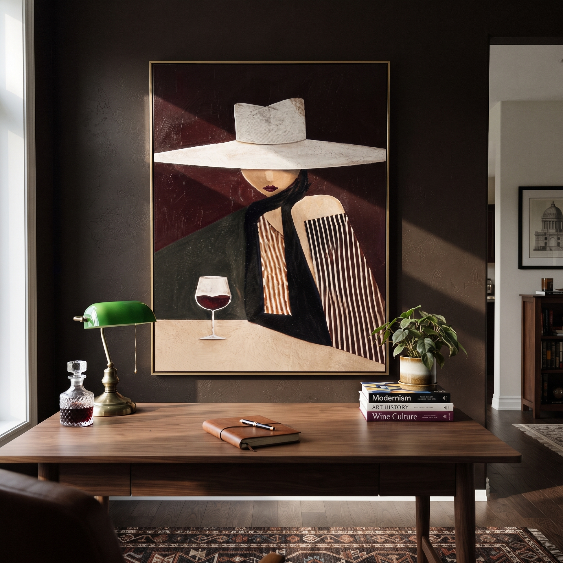 White Brim Keeps the Wine - Wide Hat Wine Figure painting by Adrian Lee, mid-century modern vertical wall art – styled room scene view 5