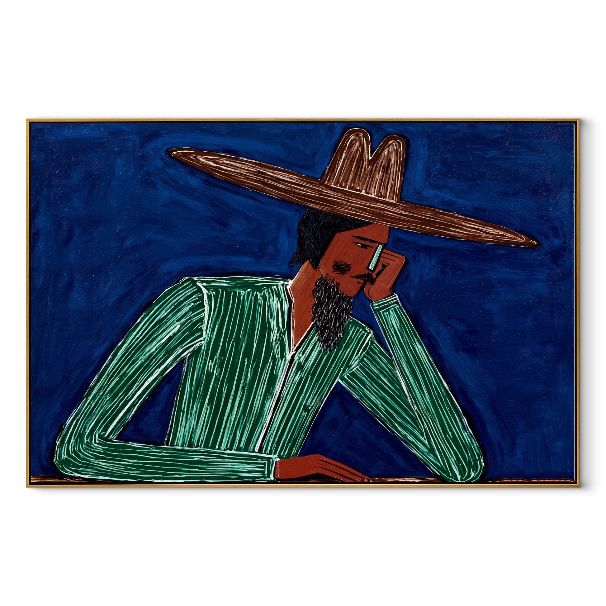 Cobalt Thought Rests Green - Reclining Green Hat Figure painting by Adrian Lee, mid-century modern horizontal wall art – wood frame on white background