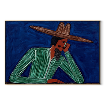 Cobalt Thought Rests Green - Reclining Green Hat Figure painting by Adrian Lee, mid-century modern horizontal wall art – wood frame on white background
