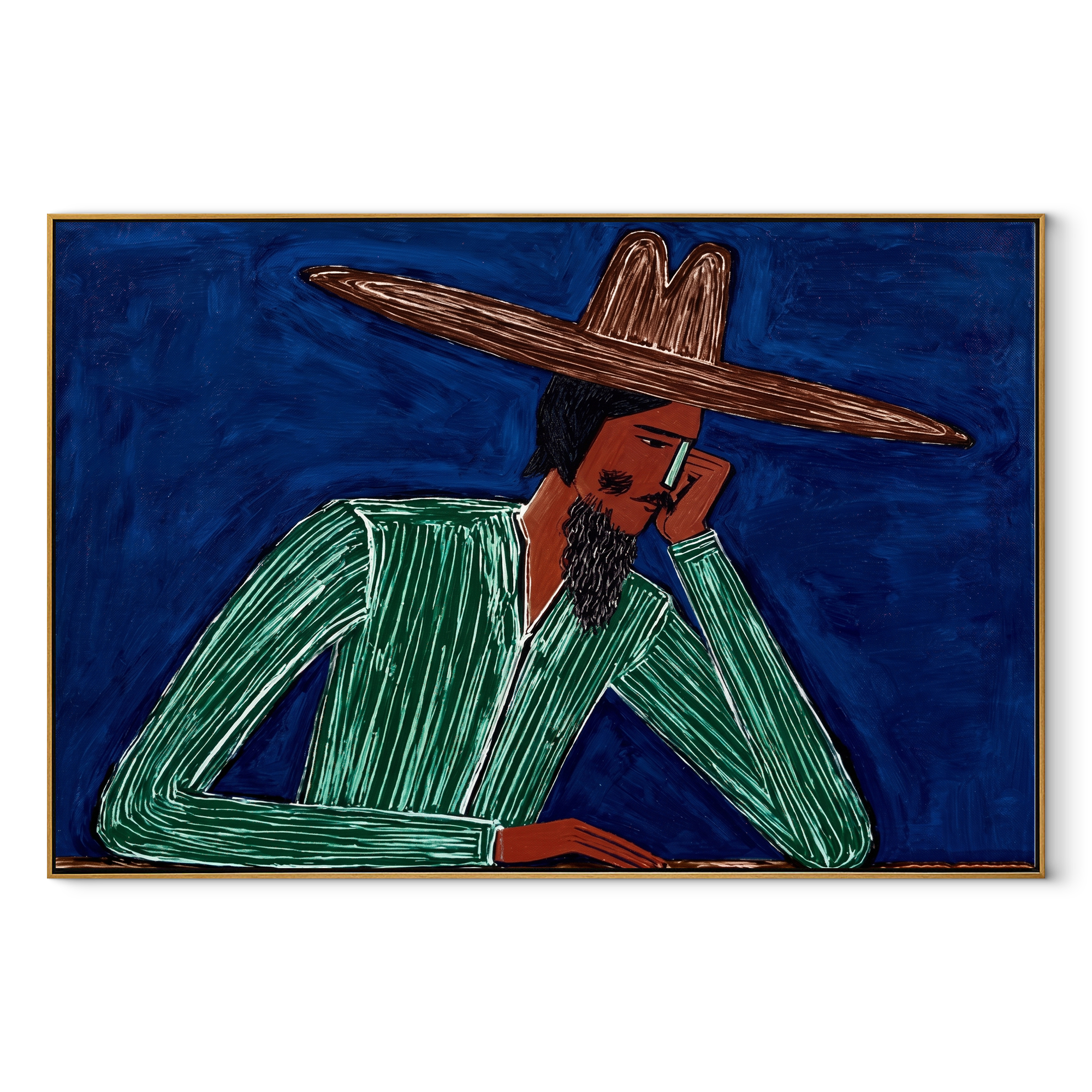 Cobalt Thought Rests Green - Reclining Green Hat Figure painting by Adrian Lee, mid-century modern horizontal wall art – wood frame on white background