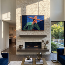 Cobalt Thought Rests Green - Reclining Green Hat Figure painting by Adrian Lee, mid-century modern horizontal wall art – styled room scene view 2