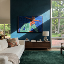 Cobalt Thought Rests Green - Reclining Green Hat Figure painting by Adrian Lee, mid-century modern horizontal wall art – styled room scene view 3