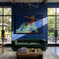 Cobalt Thought Rests Green - Reclining Green Hat Figure painting by Adrian Lee, mid-century modern horizontal wall art – styled room scene view 4
