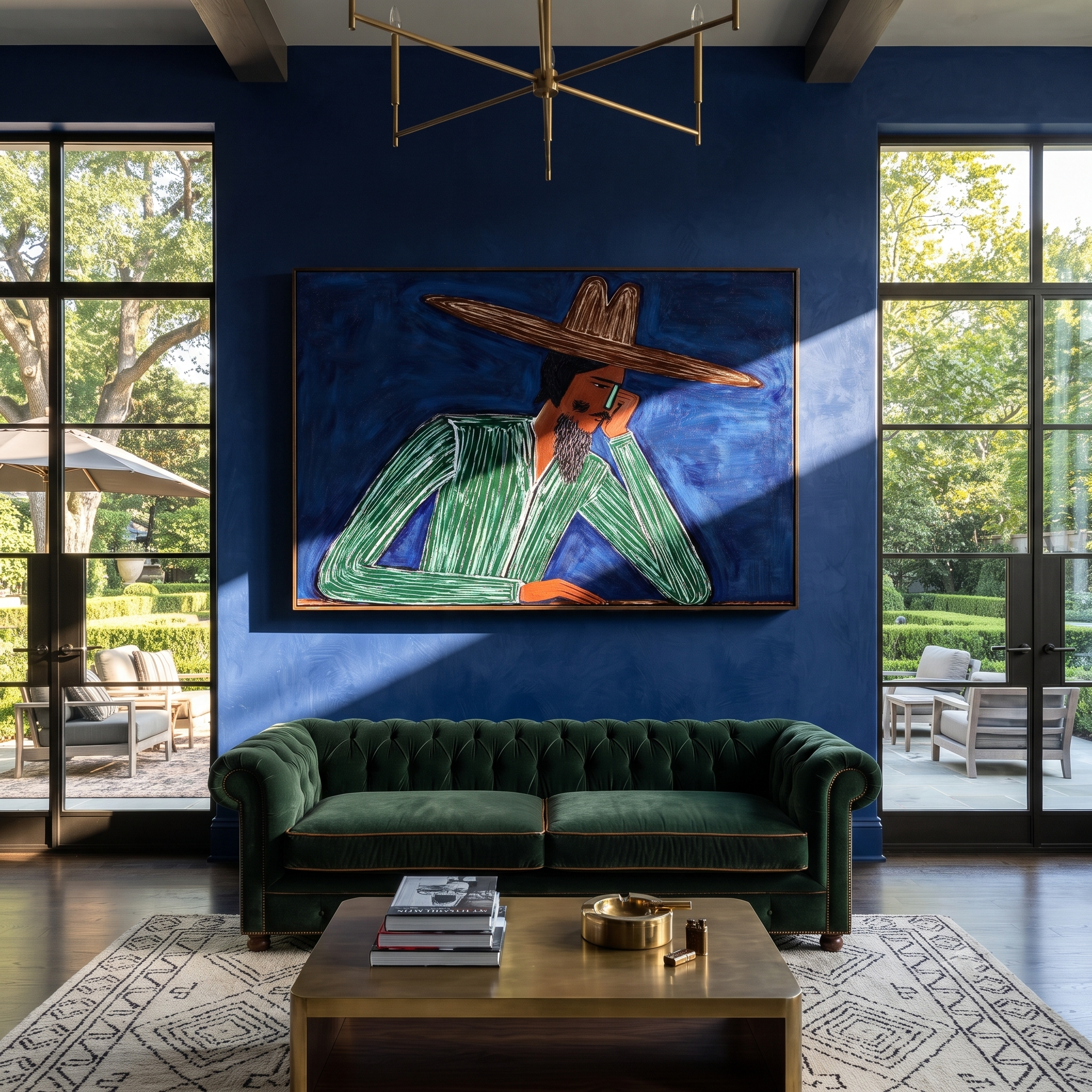 Cobalt Thought Rests Green - Reclining Green Hat Figure painting by Adrian Lee, mid-century modern horizontal wall art – styled room scene view 4