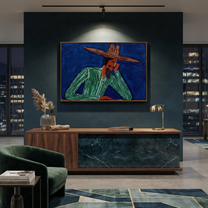 Cobalt Thought Rests Green - Reclining Green Hat Figure painting by Adrian Lee, mid-century modern horizontal wall art – styled room scene view 5