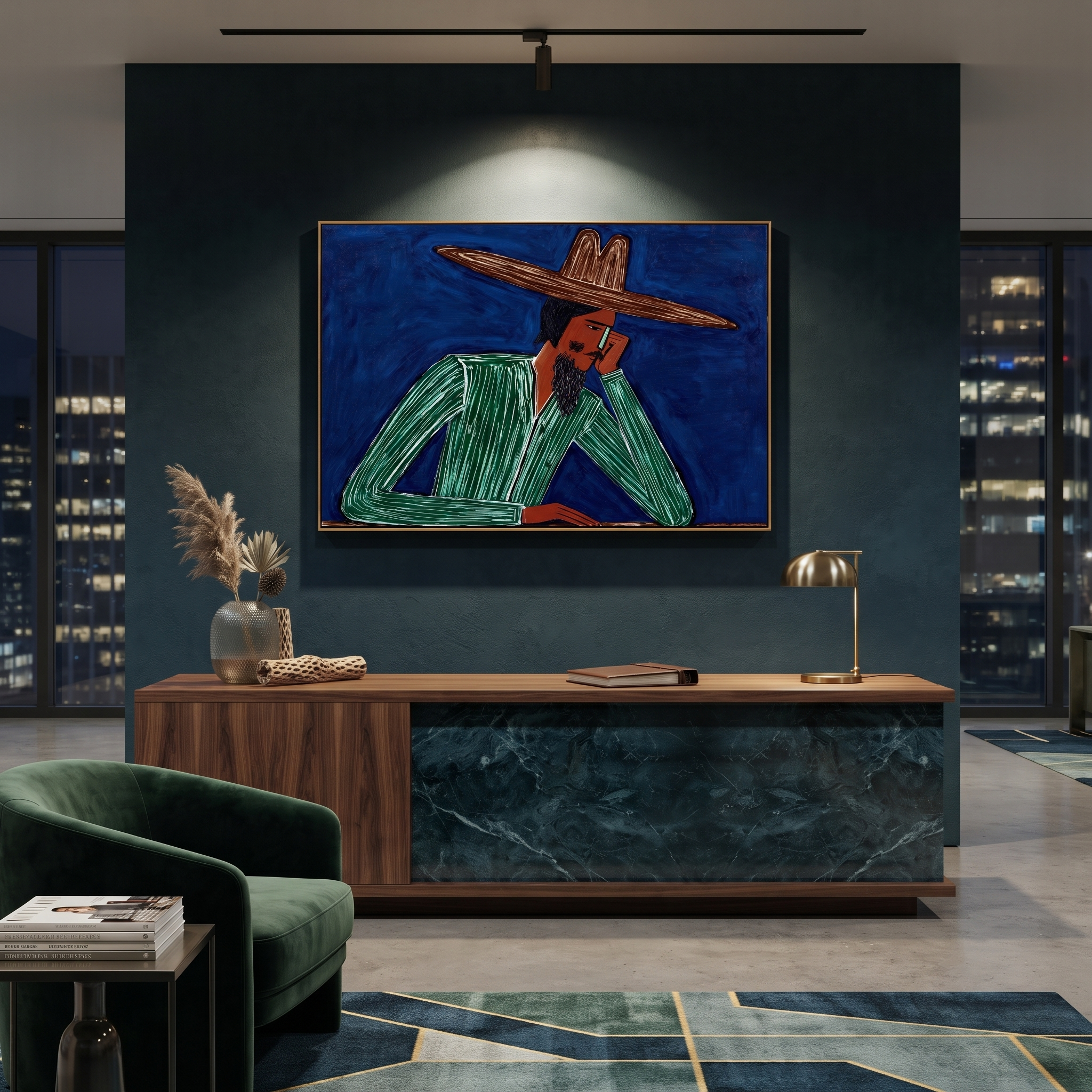 Cobalt Thought Rests Green - Reclining Green Hat Figure painting by Adrian Lee, mid-century modern horizontal wall art – styled room scene view 5