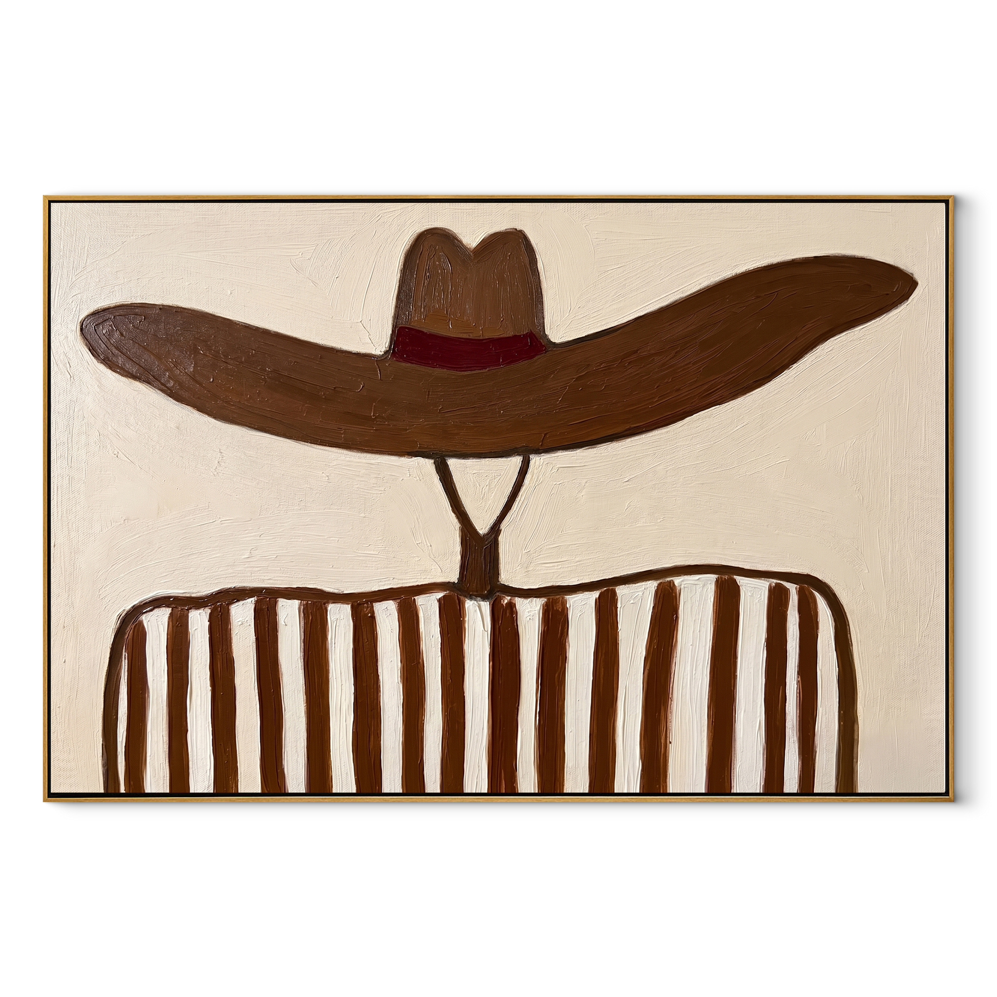 Brown Waves Hide the Face - Undulating Hat Portrait painting by Adrian Lee, mid-century modern horizontal wall art – wood frame on white background