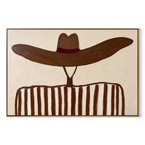 Brown Waves Hide the Face - Undulating Hat Portrait painting by Adrian Lee, mid-century modern horizontal wall art – wood frame on white background
