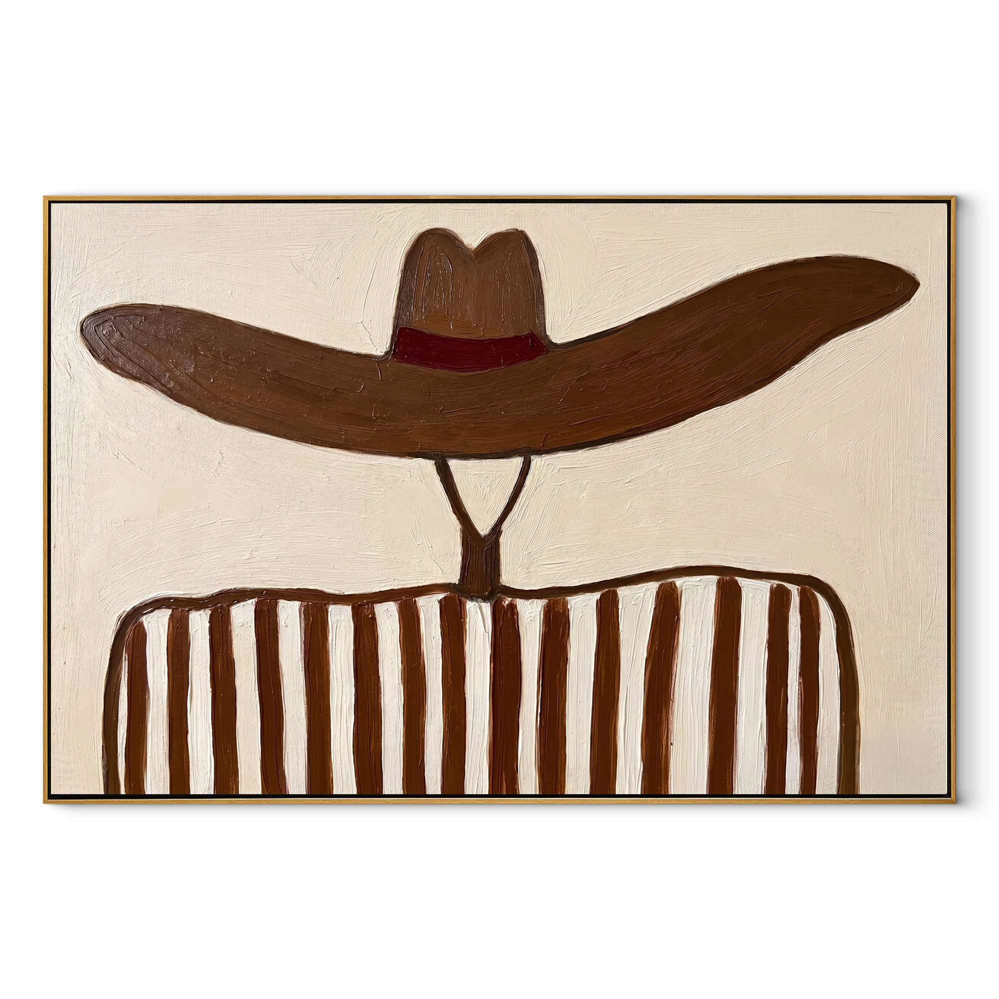 Brown Waves Hide the Face - Undulating Hat Portrait painting by Adrian Lee, mid-century modern horizontal wall art – wood frame on white background