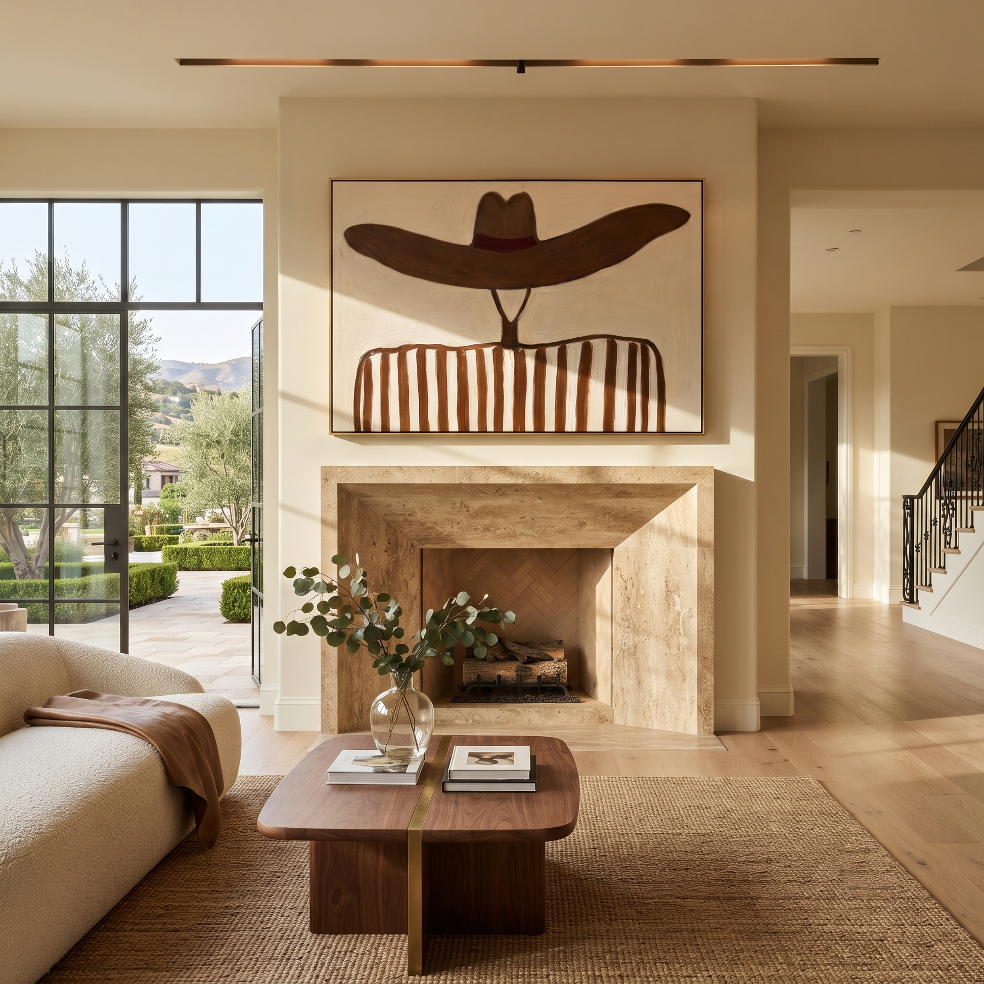 Brown Waves Hide the Face - Undulating Hat Portrait painting by Adrian Lee, mid-century modern horizontal wall art – styled room scene view 2