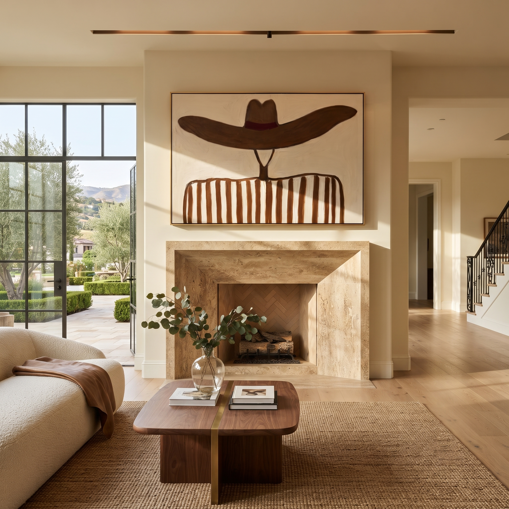Brown Waves Hide the Face - Undulating Hat Portrait painting by Adrian Lee, mid-century modern horizontal wall art – styled room scene view 2