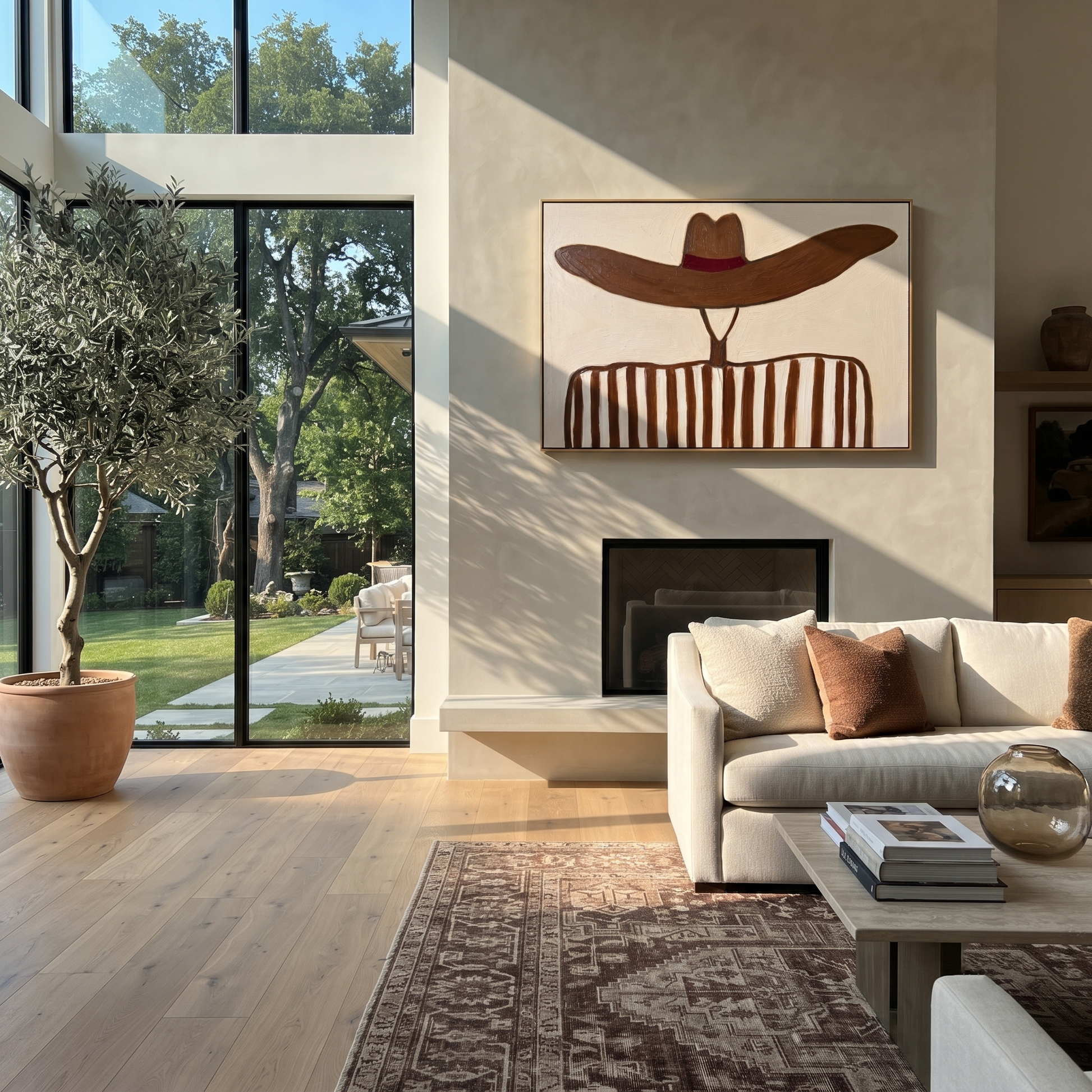 Brown Waves Hide the Face - Undulating Hat Portrait painting by Adrian Lee, mid-century modern horizontal wall art – styled room scene view 3