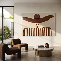 Brown Waves Hide the Face - Undulating Hat Portrait painting by Adrian Lee, mid-century modern horizontal wall art – styled room scene view 4