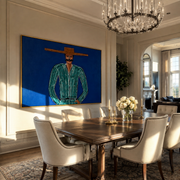 Green Lines Hold Cobalt - Mustached Green Figure painting by Adrian Lee, mid-century modern horizontal wall art – styled room scene view 1