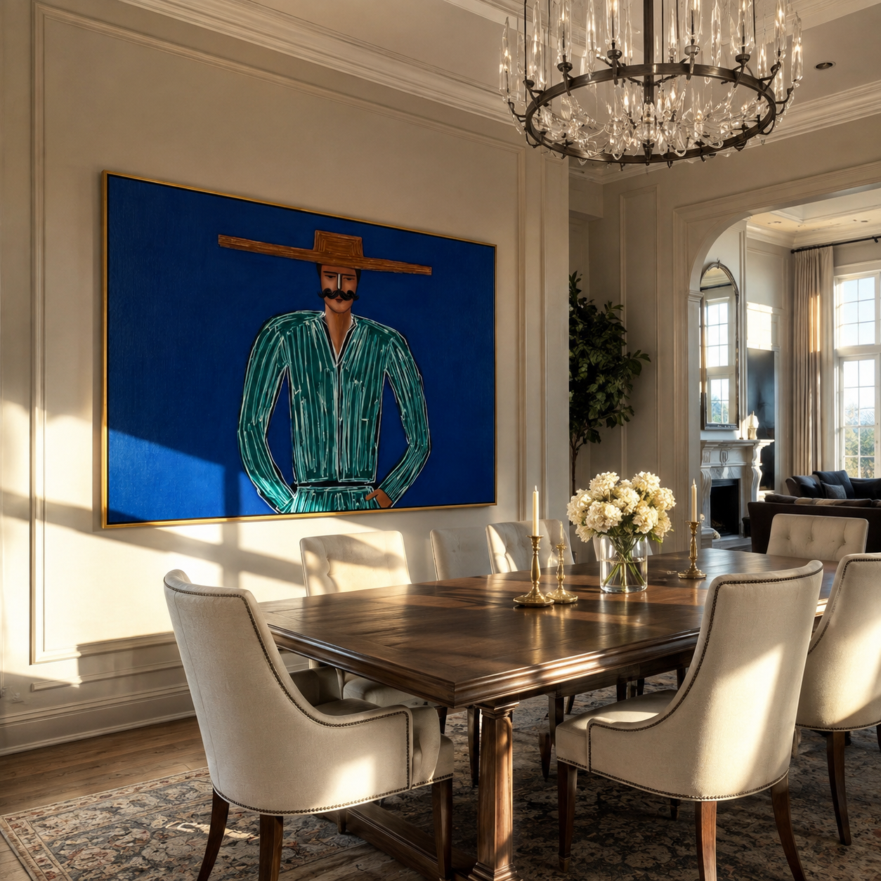 Green Lines Hold Cobalt - Mustached Green Figure painting by Adrian Lee, mid-century modern horizontal wall art – styled room scene view 1
