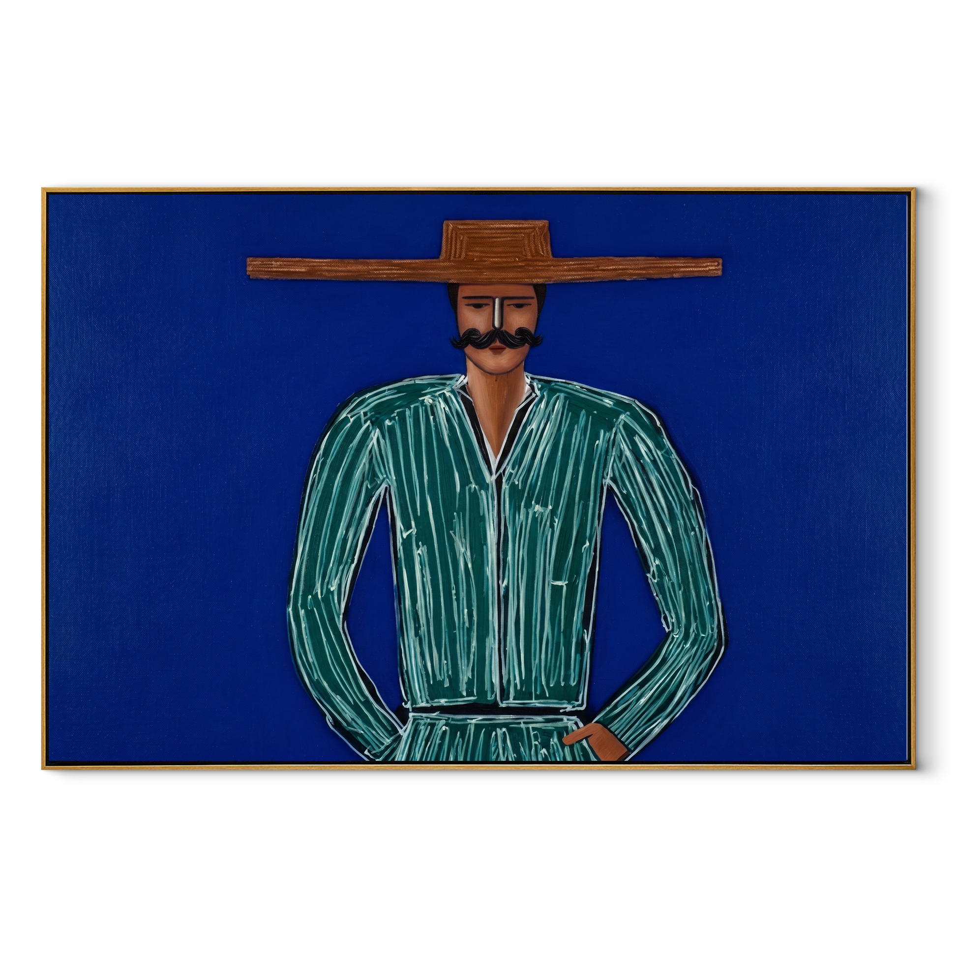 Green Lines Hold Cobalt - Mustached Green Figure painting by Adrian Lee, mid-century modern horizontal wall art – wood frame on white background