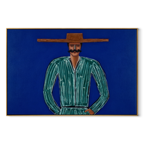 Green Lines Hold Cobalt - Mustached Green Figure painting by Adrian Lee, mid-century modern horizontal wall art – wood frame on white background