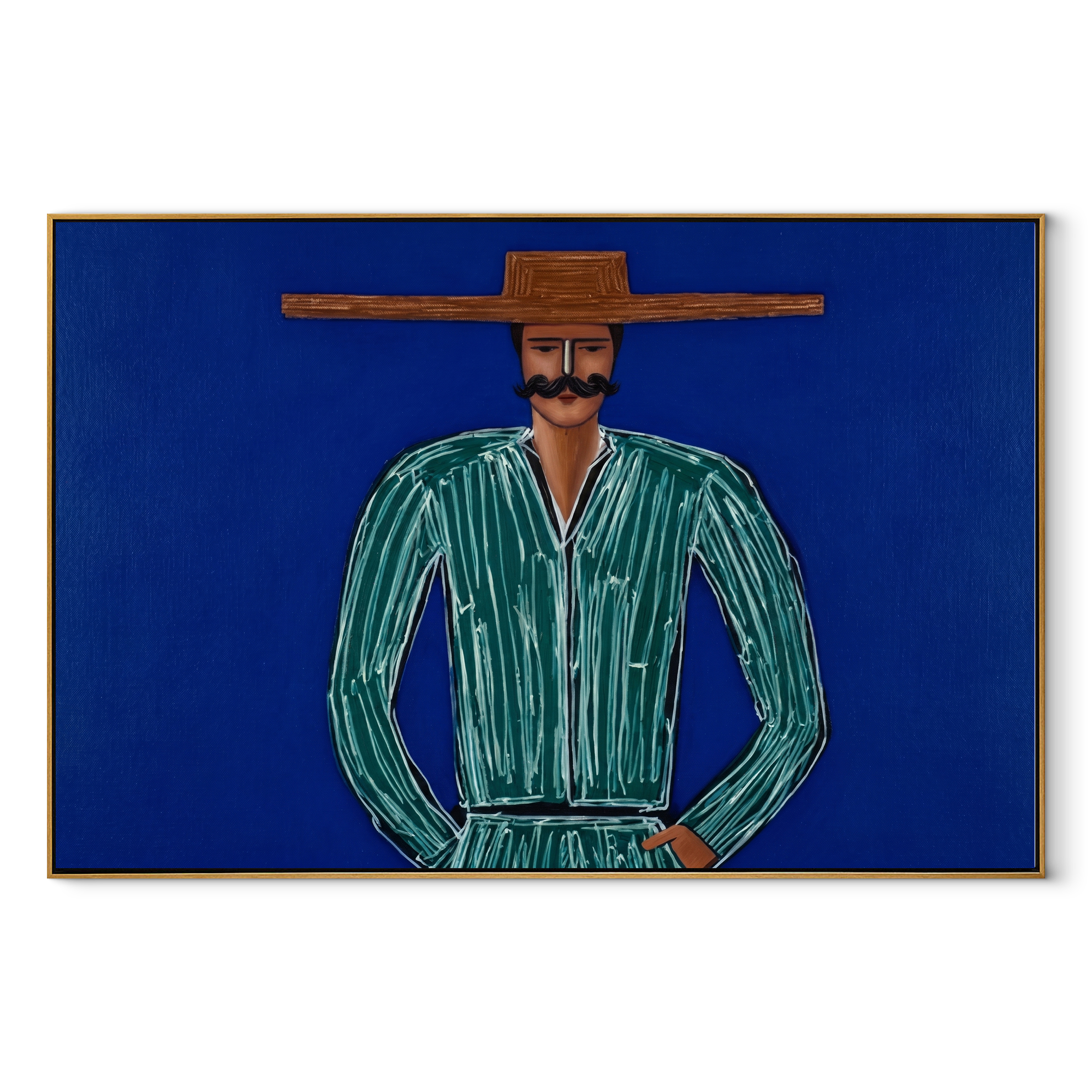 Green Lines Hold Cobalt - Mustached Green Figure painting by Adrian Lee, mid-century modern horizontal wall art – wood frame on white background