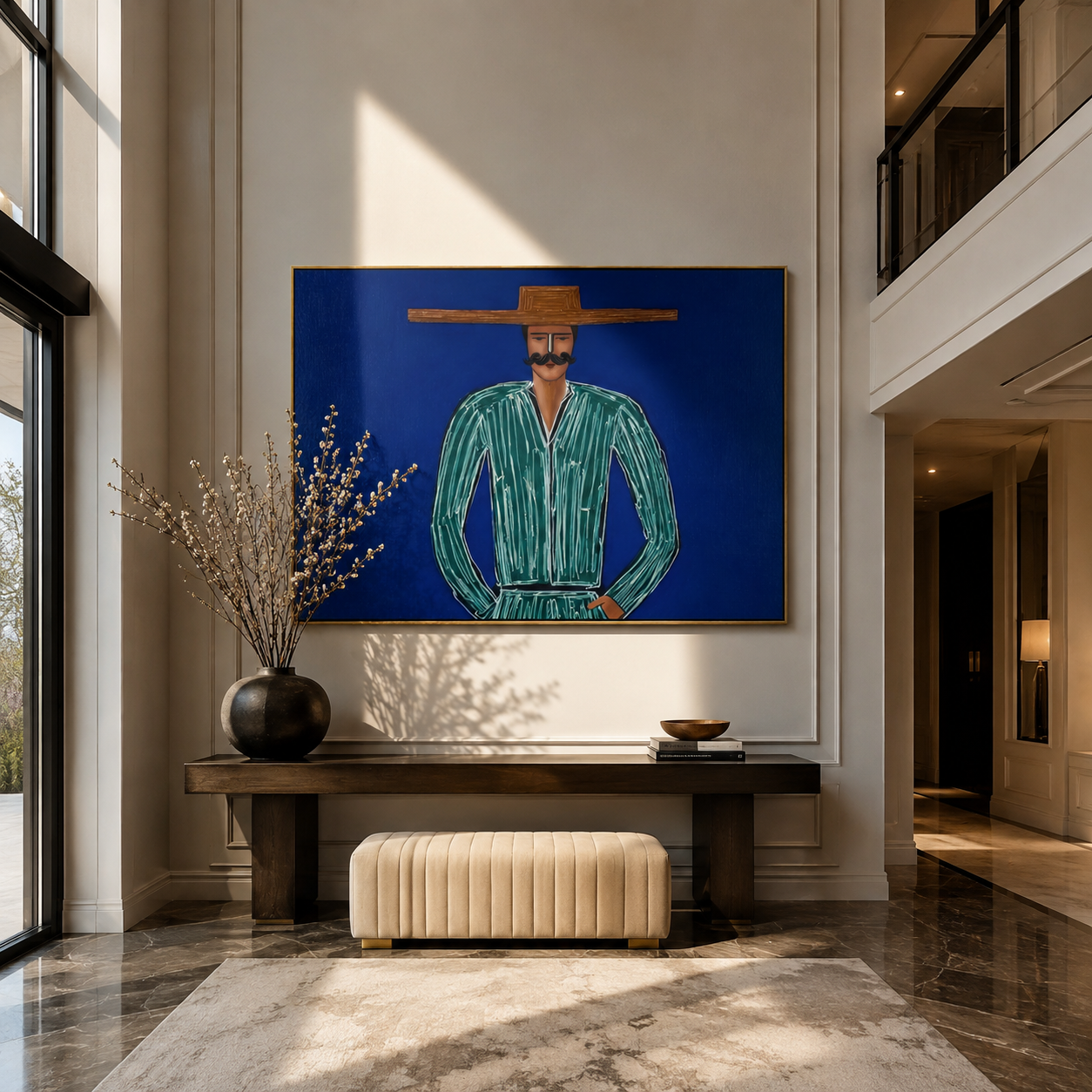 Green Lines Hold Cobalt - Mustached Green Figure painting by Adrian Lee, mid-century modern horizontal wall art – styled room scene view 2
