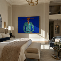 Green Lines Hold Cobalt - Mustached Green Figure painting by Adrian Lee, mid-century modern horizontal wall art – styled room scene view 3