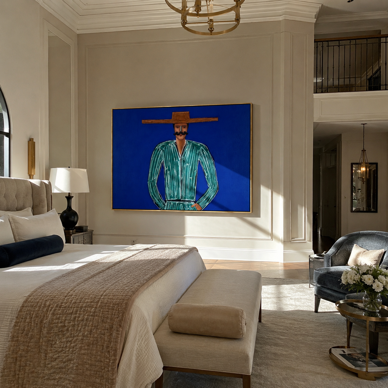 Green Lines Hold Cobalt - Mustached Green Figure painting by Adrian Lee, mid-century modern horizontal wall art – styled room scene view 3