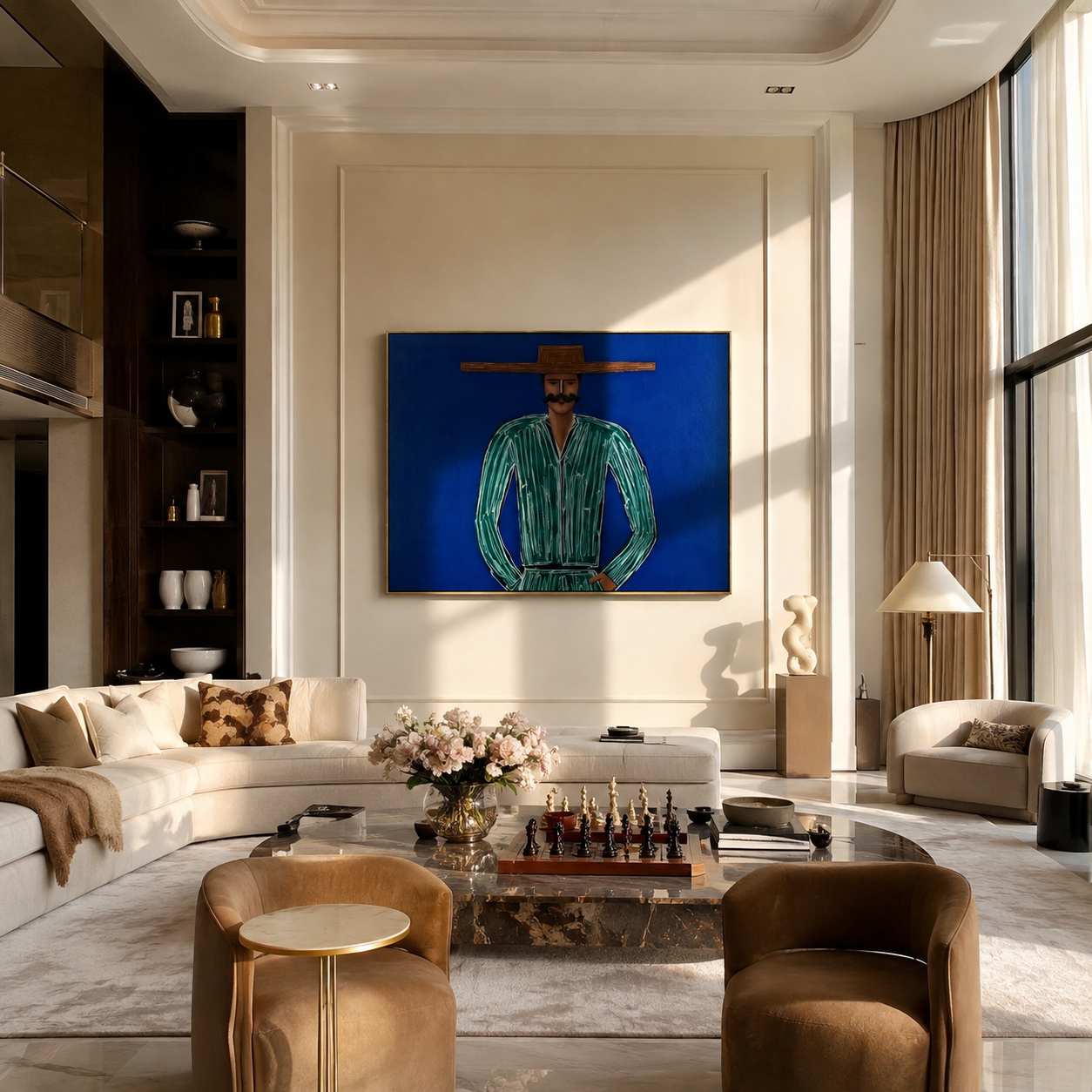 Green Lines Hold Cobalt - Mustached Green Figure painting by Adrian Lee, mid-century modern horizontal wall art – styled room scene view 4