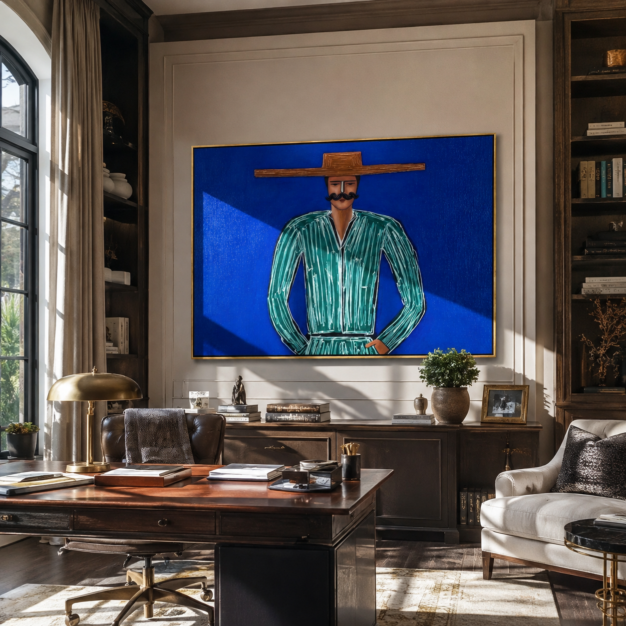 Green Lines Hold Cobalt - Mustached Green Figure painting by Adrian Lee, mid-century modern horizontal wall art – styled room scene view 5