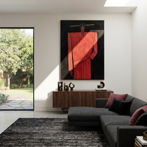 Scarlet Column Holds Still - Tall Red Stripe Figure painting by Adrian Lee, mid-century modern vertical wall art – styled room scene view 1