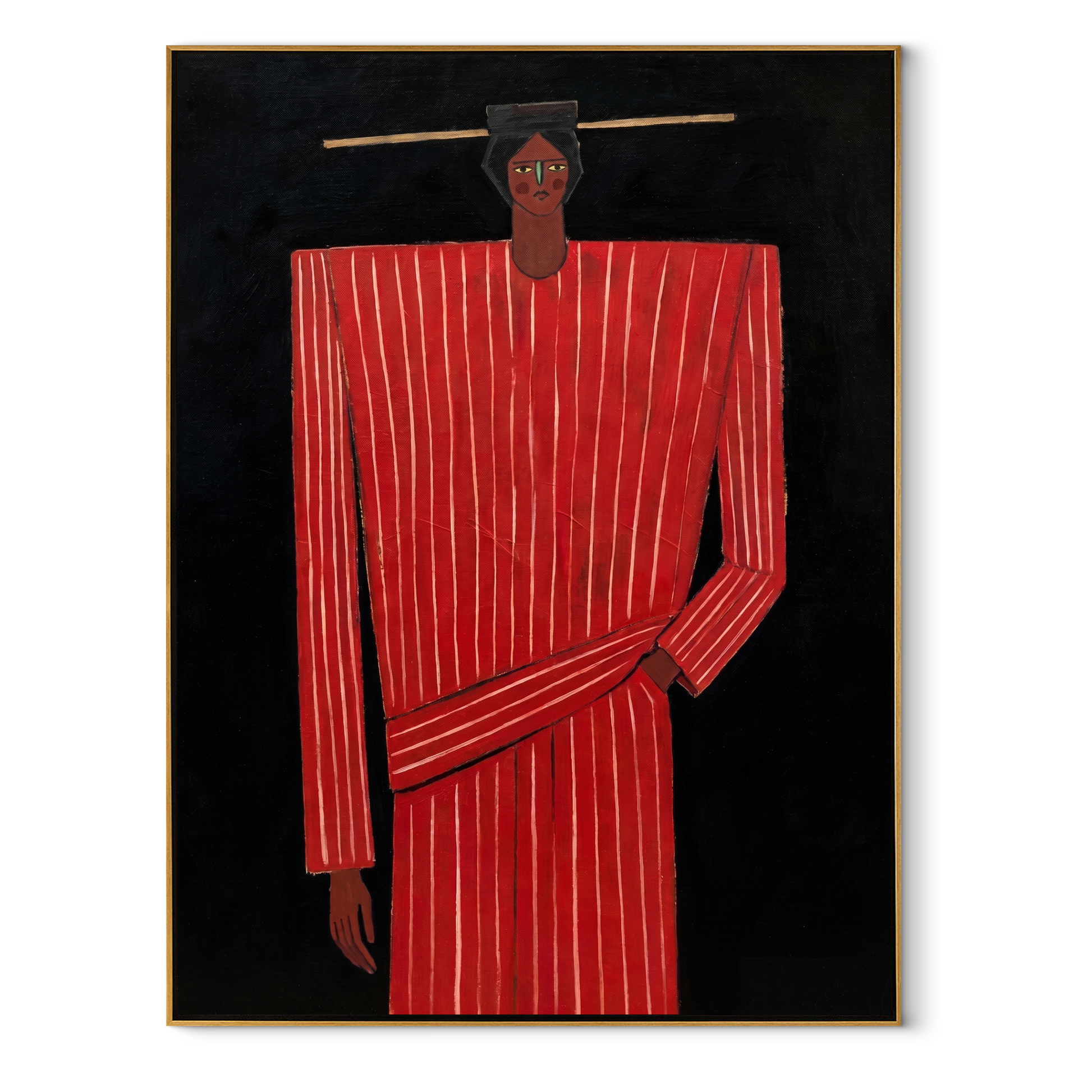 Scarlet Column Holds Still - Tall Red Stripe Figure painting by Adrian Lee, mid-century modern vertical wall art – wood frame on white background