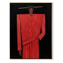 Scarlet Column Holds Still - Tall Red Stripe Figure painting by Adrian Lee, mid-century modern vertical wall art – wood frame on white background