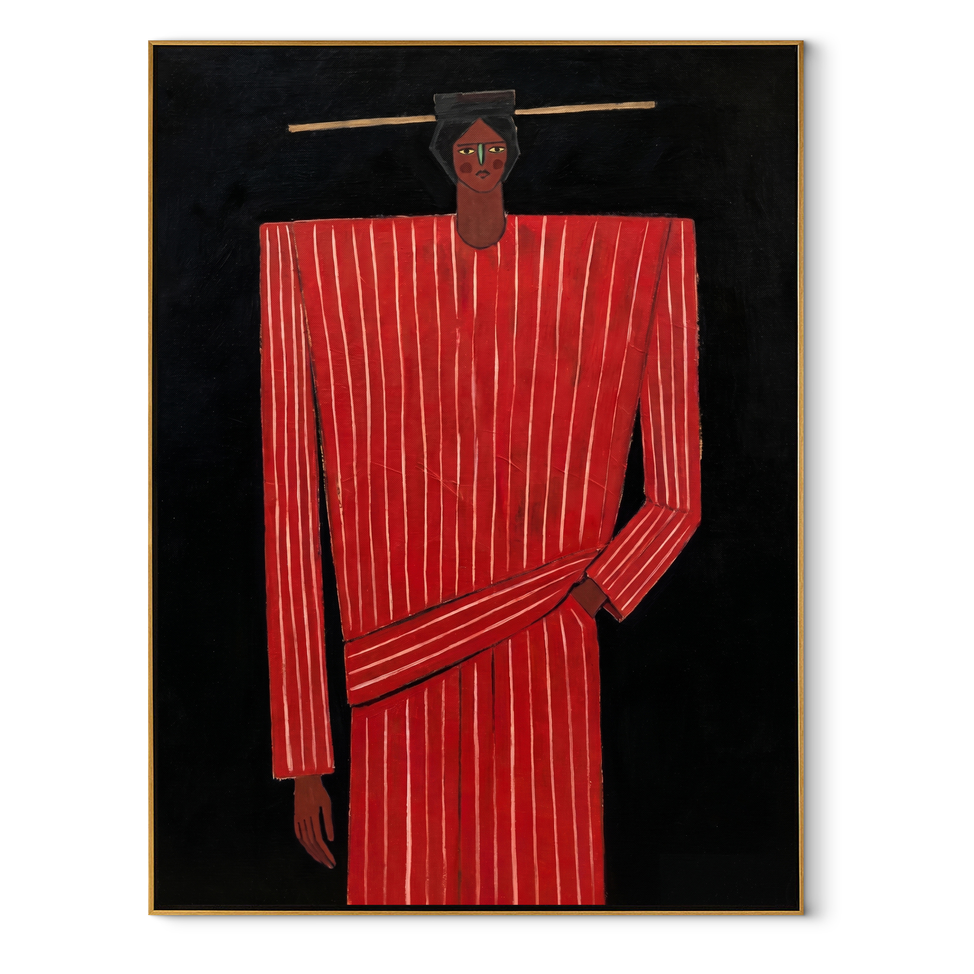 Scarlet Column Holds Still - Tall Red Stripe Figure painting by Adrian Lee, mid-century modern vertical wall art – wood frame on white background