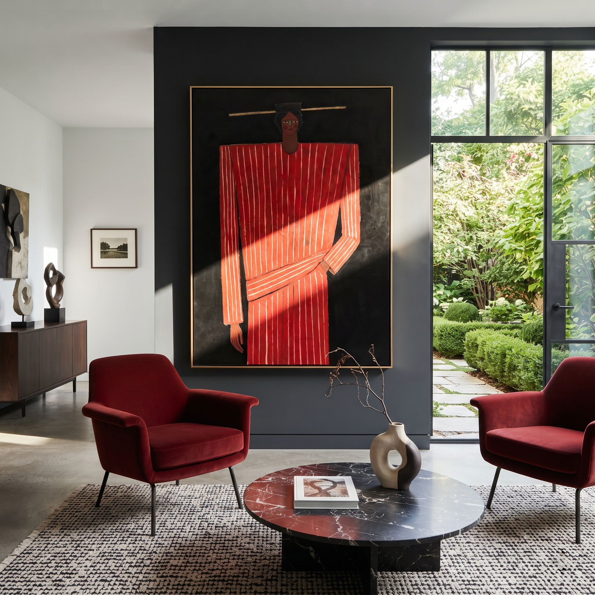 Scarlet Column Holds Still - Tall Red Stripe Figure painting by Adrian Lee, mid-century modern vertical wall art – styled room scene view 2