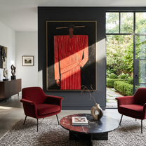 Scarlet Column Holds Still - Tall Red Stripe Figure painting by Adrian Lee, mid-century modern vertical wall art – styled room scene view 2