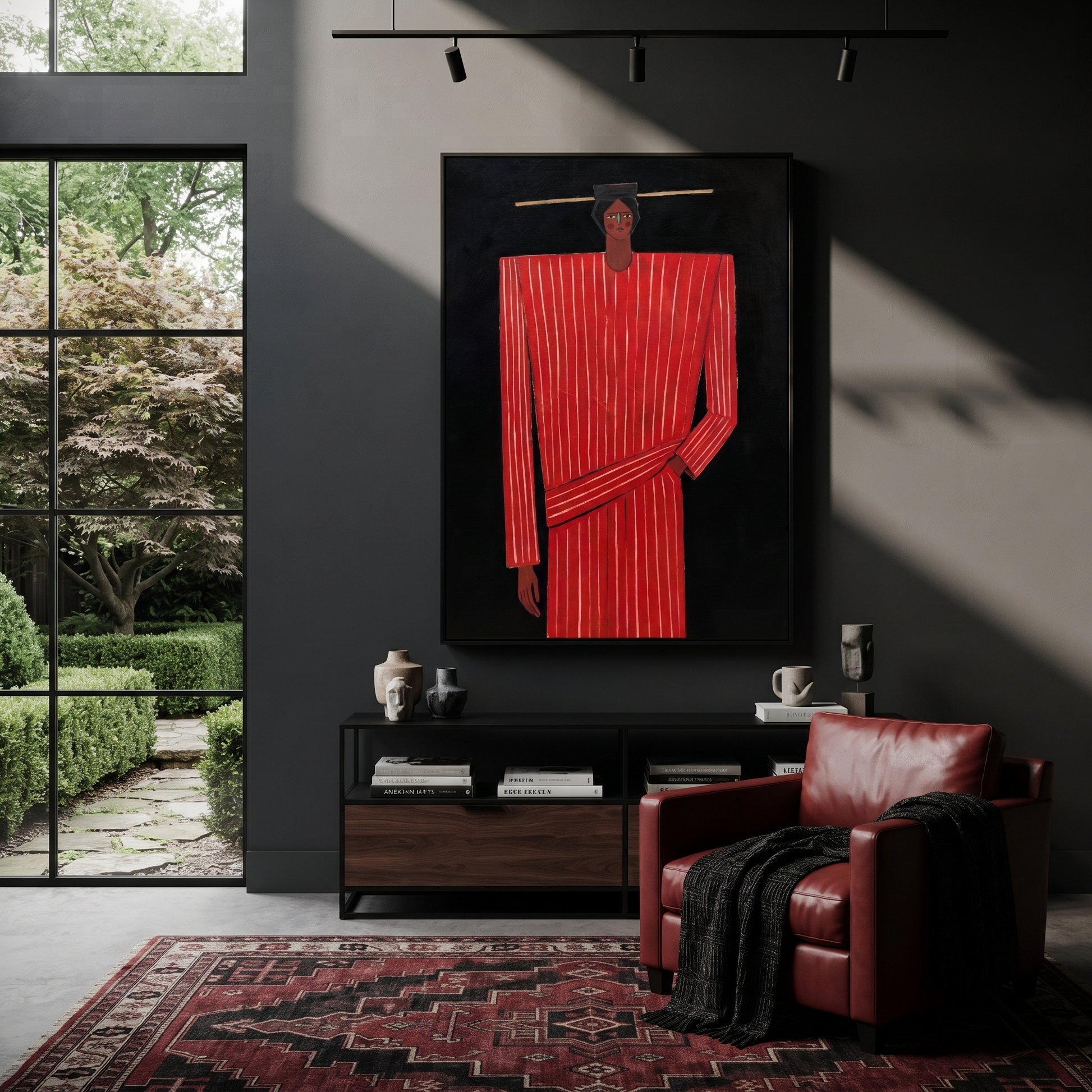 Scarlet Column Holds Still - Tall Red Stripe Figure painting by Adrian Lee, mid-century modern vertical wall art – styled room scene view 3