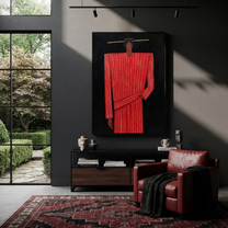 Scarlet Column Holds Still - Tall Red Stripe Figure painting by Adrian Lee, mid-century modern vertical wall art – styled room scene view 3