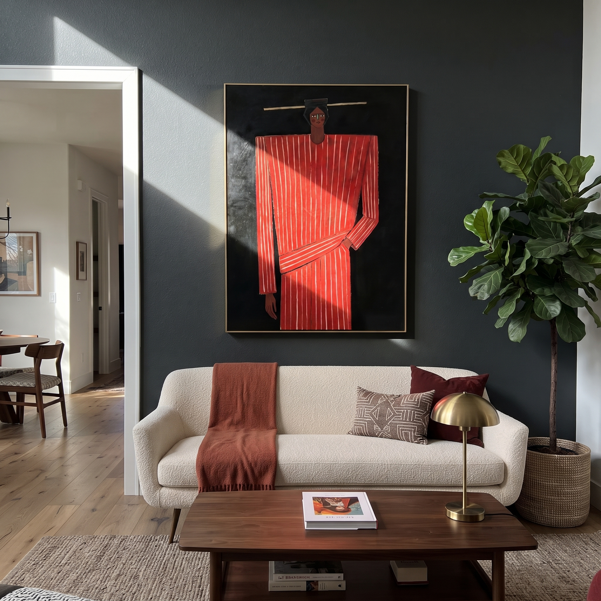 Scarlet Column Holds Still - Tall Red Stripe Figure painting by Adrian Lee, mid-century modern vertical wall art – styled room scene view 4