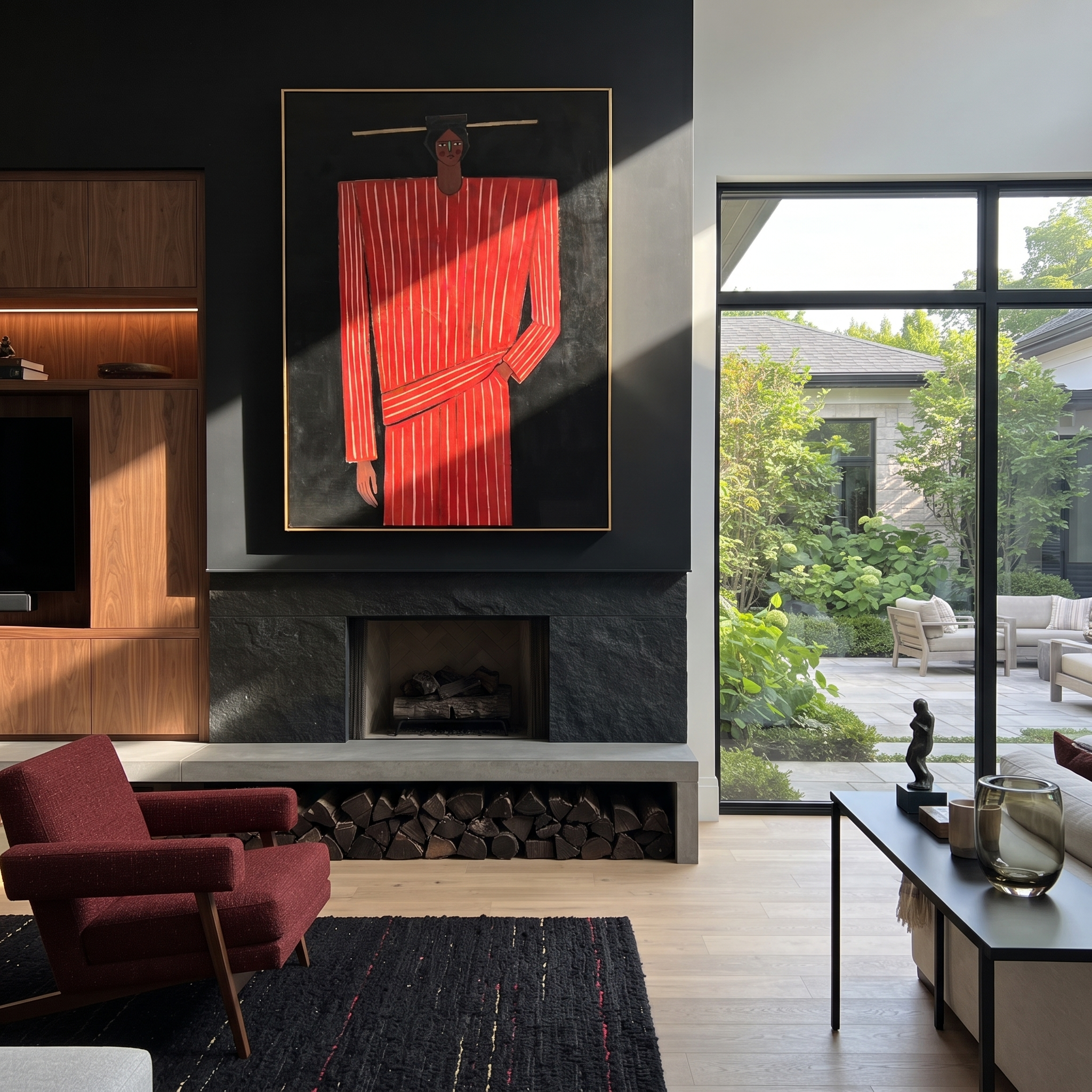 Scarlet Column Holds Still - Tall Red Stripe Figure painting by Adrian Lee, mid-century modern vertical wall art – styled room scene view 5