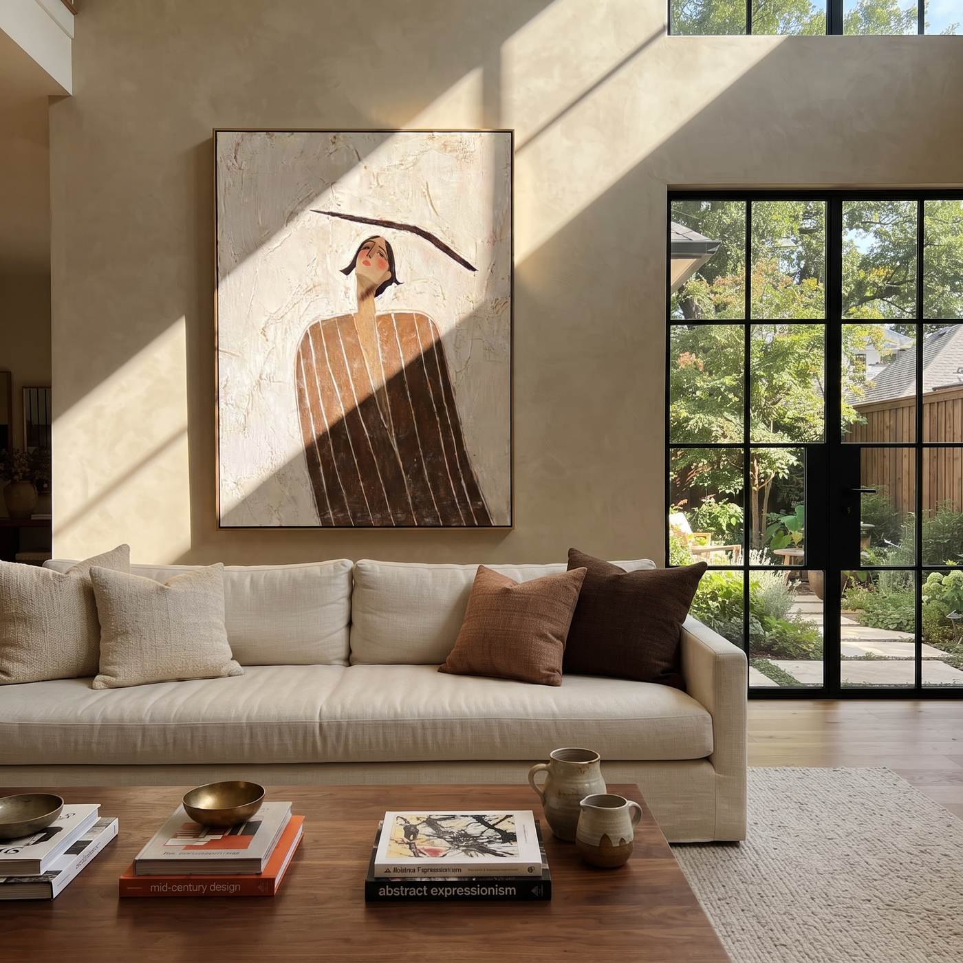 Brown Lines Look Upward - Brown Stripe Standing Figure painting by Adrian Lee, mid-century modern vertical wall art – styled room scene view 1