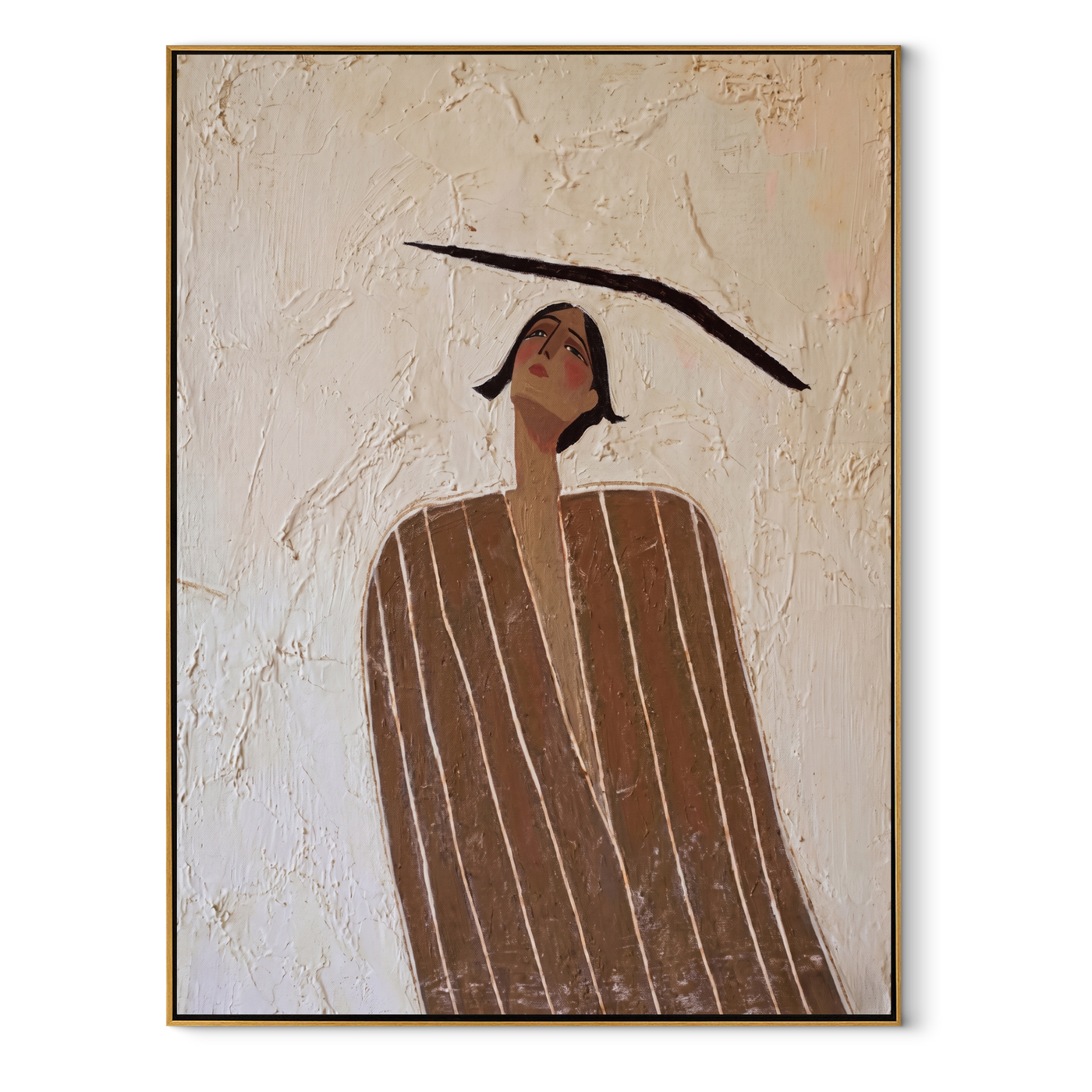 Brown Lines Look Upward - Brown Stripe Standing Figure painting by Adrian Lee, mid-century modern vertical wall art – wood frame on white background
