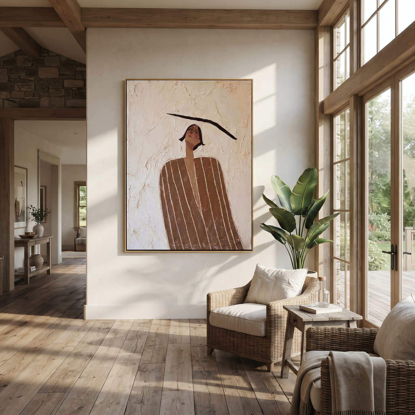 Brown Lines Look Upward - Brown Stripe Standing Figure painting by Adrian Lee, mid-century modern vertical wall art – styled room scene view 2