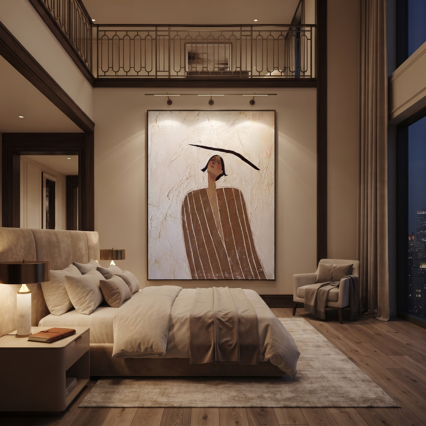 Brown Lines Look Upward - Brown Stripe Standing Figure painting by Adrian Lee, mid-century modern vertical wall art – styled room scene view 3