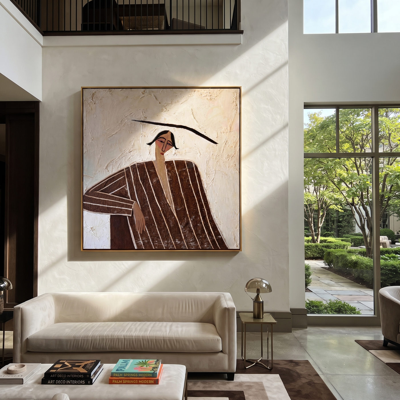 Quiet Lines Rest an Elbow - Brown Stripe Seated Portrait painting by Adrian Lee, mid-century modern square wall art – styled room scene view 1