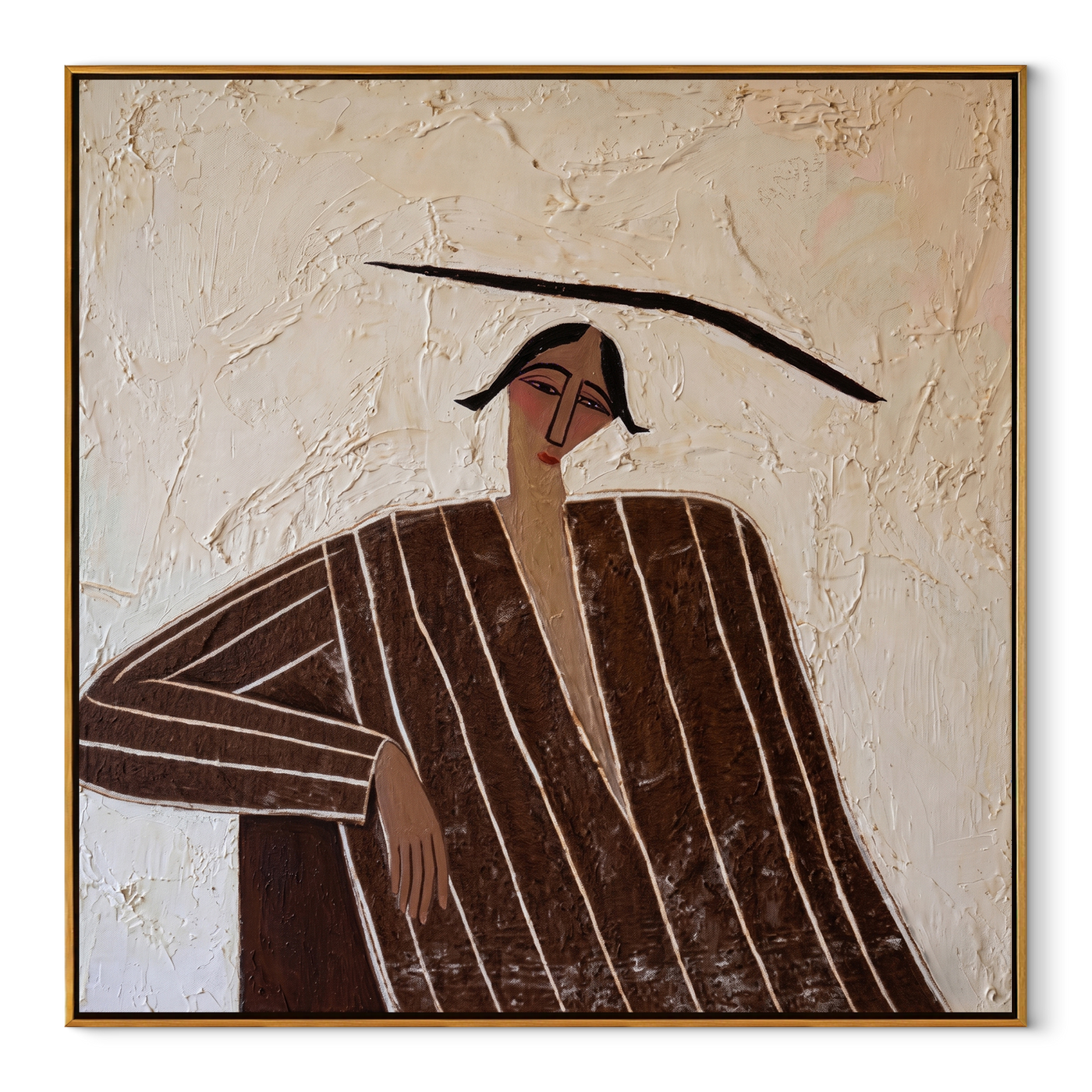 Quiet Lines Rest an Elbow - Brown Stripe Seated Portrait painting by Adrian Lee, mid-century modern square wall art – wood frame on white background