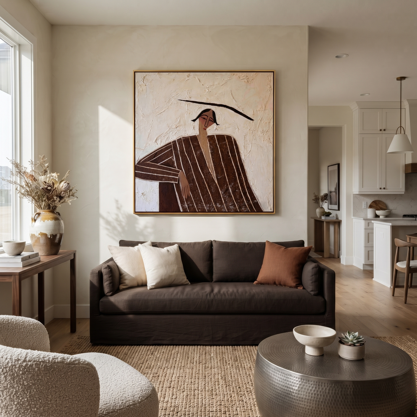 Quiet Lines Rest an Elbow - Brown Stripe Seated Portrait painting by Adrian Lee, mid-century modern square wall art – styled room scene view 2