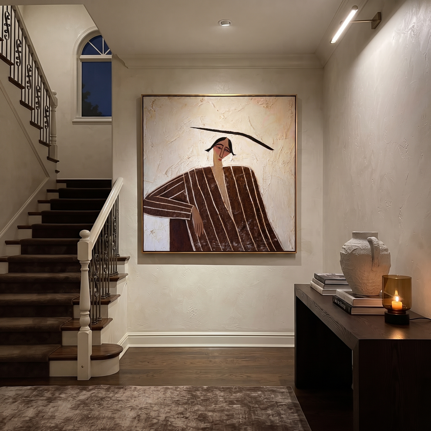 Quiet Lines Rest an Elbow - Brown Stripe Seated Portrait painting by Adrian Lee, mid-century modern square wall art – styled room scene view 3
