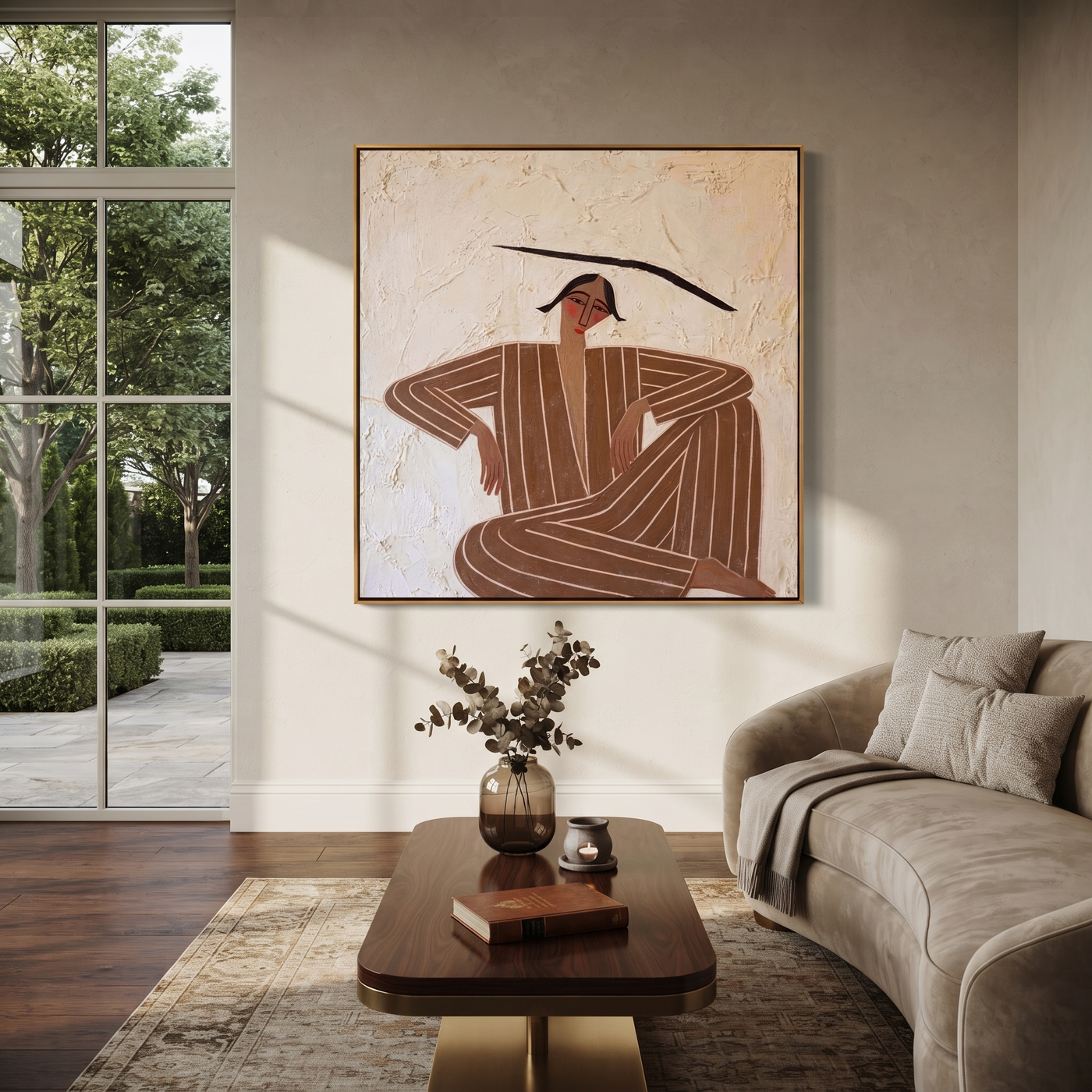 Brown Angles Sit Wide - Cross Legged Stripe Figure painting by Adrian Lee, mid-century modern square wall art – styled room scene view 1
